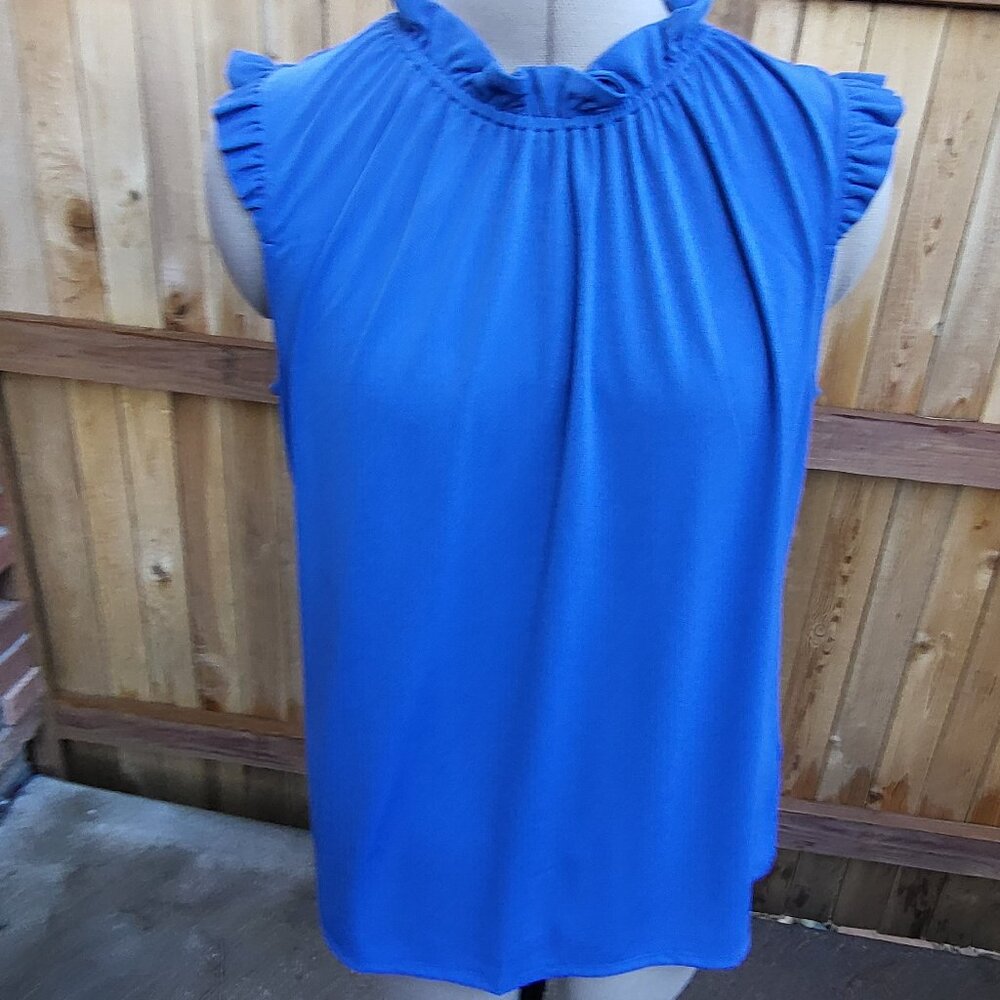 Adrianna Papell Women's bright blue knit ruffle neck sleeveless top size medium